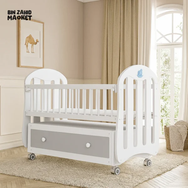 wooden-baby-cot-with-storage-drawer-luxury-white-nursery-crib-on-wheels-332 baby cot